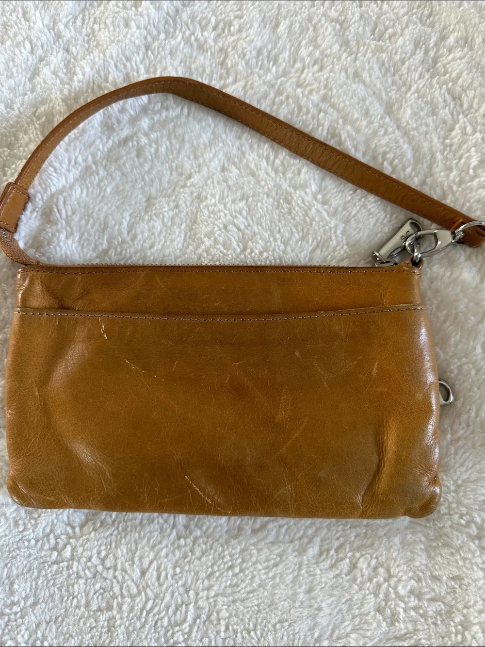HOBO Cognac Leather Wristlet Clutch with Dual Zippers